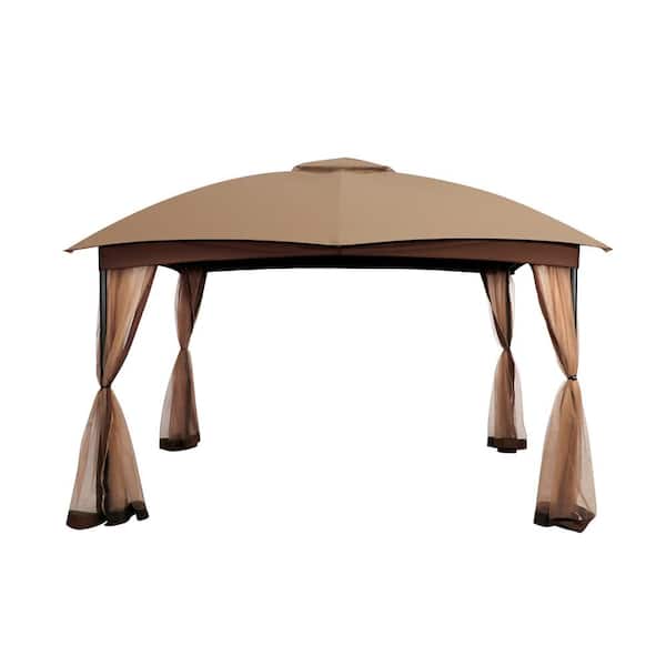 Unbranded 9 ft. x 11 ft. Khaki Soft Top Steel Outdoor Patio Gazebo With Netting and Shelves