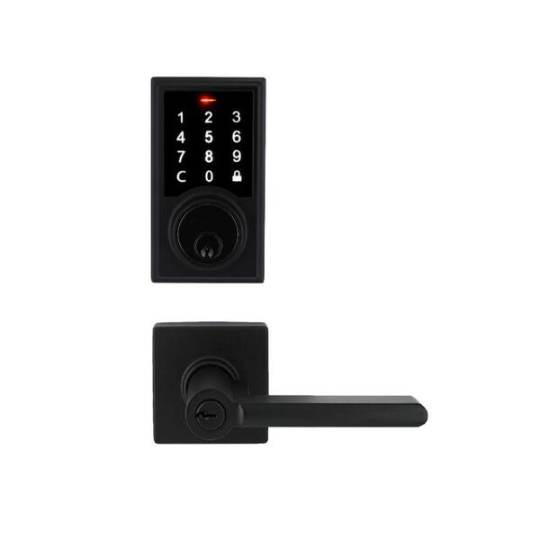 Square Matte Black Electronic Single Cylinder Touchpad Deadbolt with Tonebridge Hall/Closet Door Lever