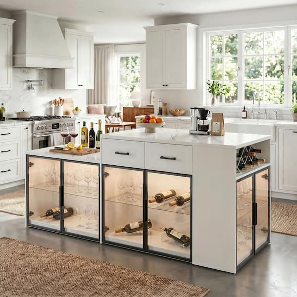 White Wood Top 94.5 in. Kitchen Island with LED Lighting, Glass Cabinet Doors, 2 Drawers, 9 Shelves, Faux Marble Finish