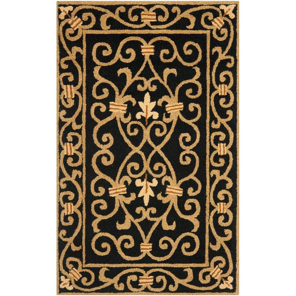 Handmade Black Floral Wool Rectangular Area Rug