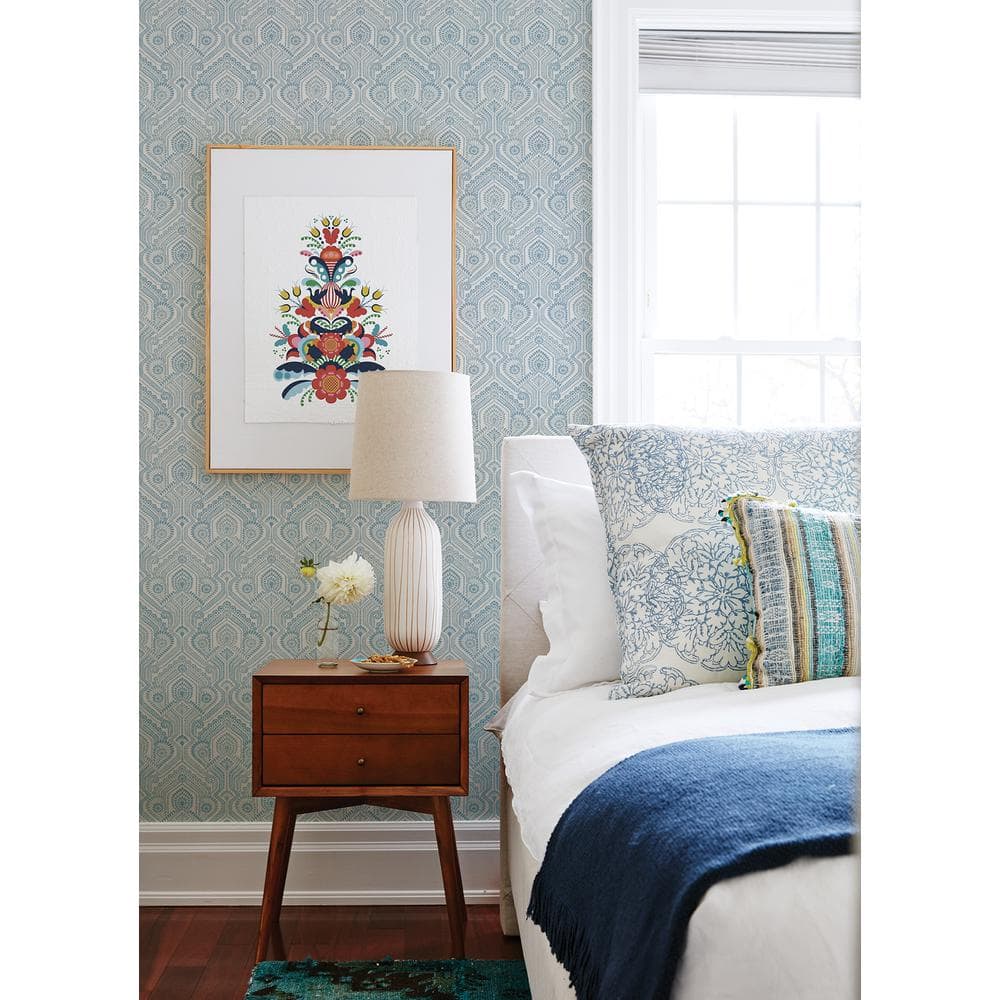 Blue Damask Non-Woven Washable Wallpaper Roll