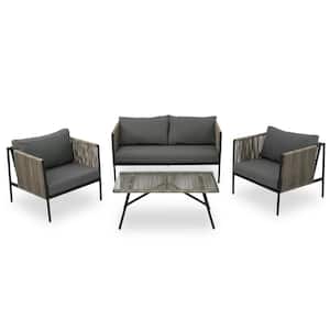 4-Piece Rope Sofa Set Patio Conversation Set with Gray Cushions and Toughened Glass Table, All-Weather for Porch Yard