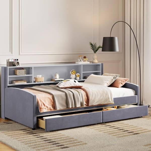 Gray Wood Frame Twin Size Platform Bed with Storage and Drawers