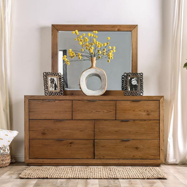Furniture of America Soraya Light Walnut 7-Drawer 64 in. Wide Dresser with Mirror