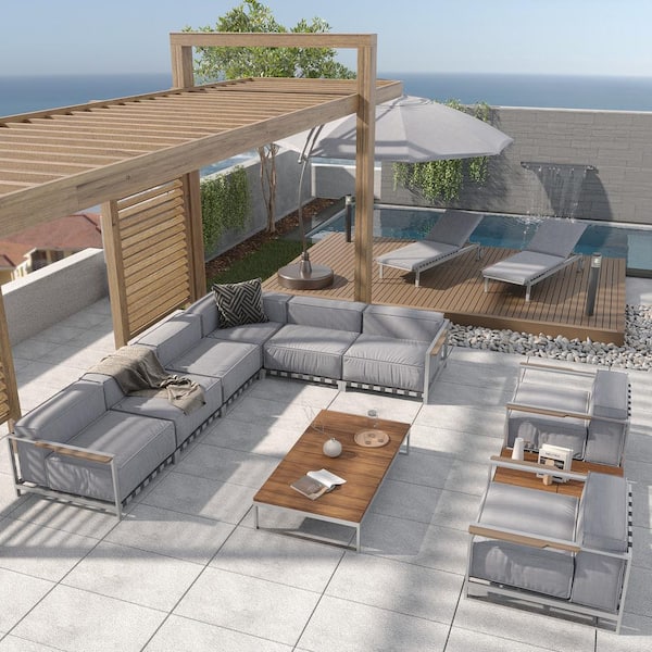 Outsy Sunrise Collection, 10-piece Extra Deep Seating Metal Patio Conversation Set with Grey Cushions