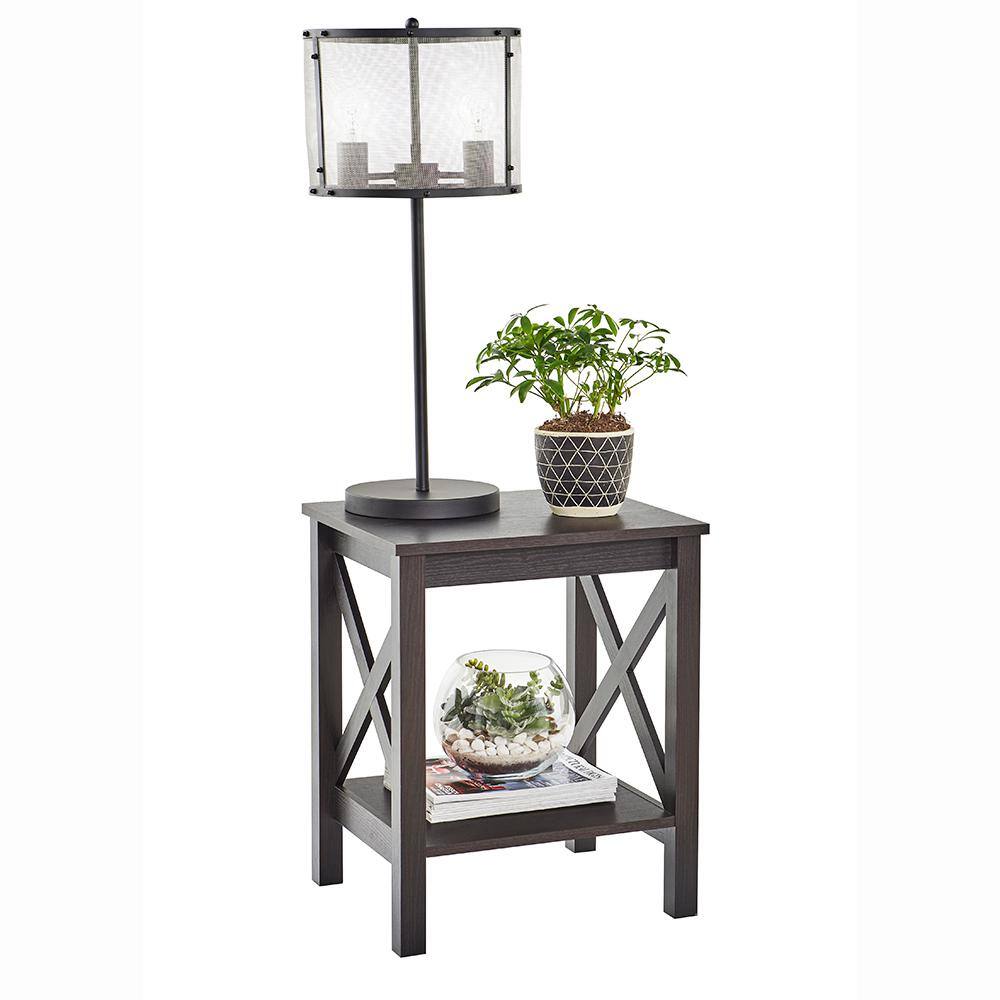 Rectangular X-Frame Dark-Brown Wood End Table with Two Shelves
