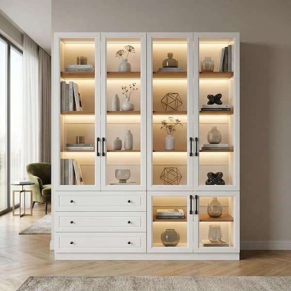 White Wood 63 in. x 78.7 in. Pantry Cabinet with 7-Color LED Lighting, Glass Doors, 10 Shelves and 3 Drawers