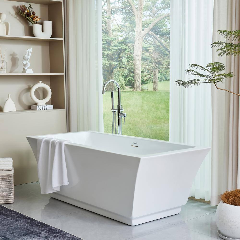 Vanity Art 59" White Acrylic Freestanding Bathtub with Center Drain