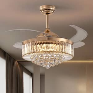 42 in. Indoor Gold Smart Retractable Crystal Ceiling Fan with Adjustable LED Light Included with Remote