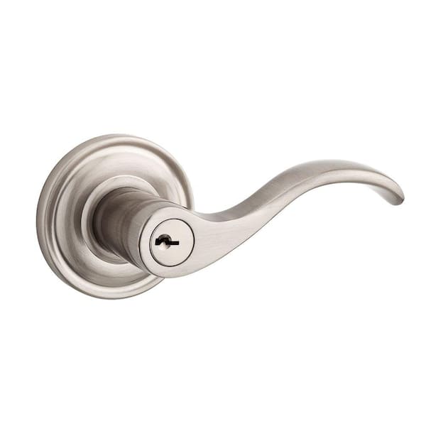 Baldwin Reserve Curve Satin Nickel Keyed Entry Door Lever with Traditional Round Rose