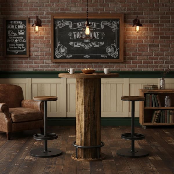 Kearsten Brown 3 Piece Round Wood Bar Table Set with 2-Barstools