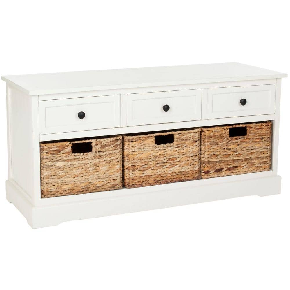 Distressed Cream Pine Storage Bench with 3 Drawers & Wicker Baskets