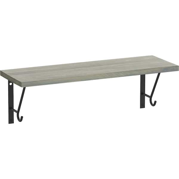 Liberty 24 in. x 8 in. x 6 in. Grey Stained Solid Pine Decorative Wall Shelf with Matte Black Steel Brackets and Hooks