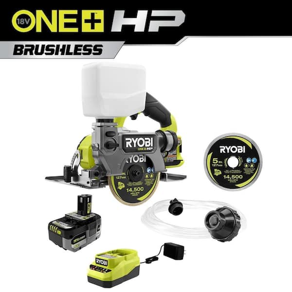 RYOBI ONE+ HP 18V Handheld Wet/Dry Masonry Tile Saw Kit with 4.0 Ah Battery, Charger, and 5 in. Diamond Tile Cutting Blade
