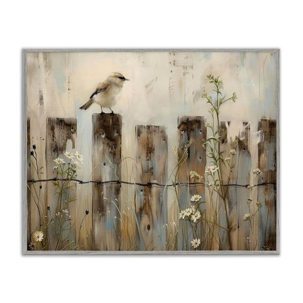 Stupell Industries Fence Perched Country Bird by Arlington Prints Gray Framed Animal Giclee Art Print 16 in. x 20 in.
