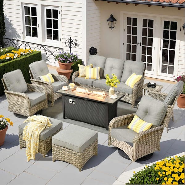 Gerbera E 9-Piece Wicker Patio 54 in. Fire Pit Conversation Set with Swivel Rocking Chairs and Dark Gray Cushions