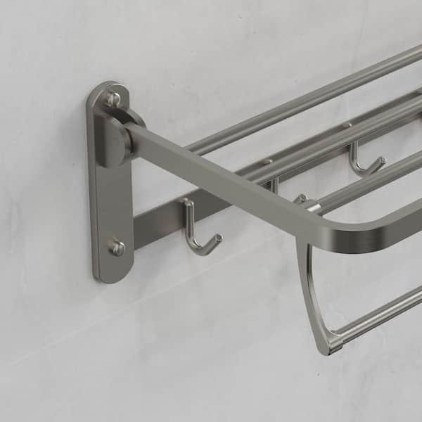 1-Spray Wall Mount Handheld Shower Head Foldable Towel Rack with Shelf, Stainless Steel, 1.8 GPM in Brushed Nickel