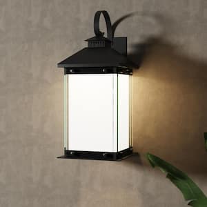 Montpelier 1-Light Sand Grain Black Dusk to Dawn LED Traditional Rectangle Hardwired Lantern Sconce with Clear Glass