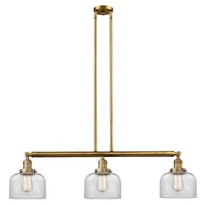 Bell 3 Light Brushed Brass Island Pendant Light with Clear Glass Shade