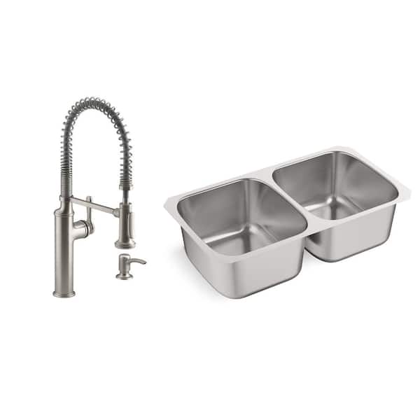 KOHLER Ballad Undermount Stainless Steel 31.5 in. Double Bowl Kitchen Sink with Sous Kitchen Faucet