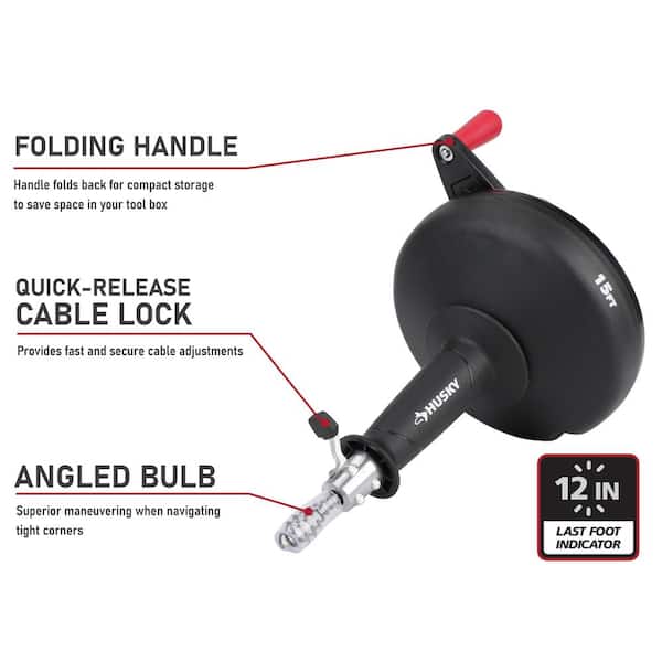 Husky 1 4 in. x 15 ft. Hand Drain Snake Drum Auger 410 186 0111 The Home Depot