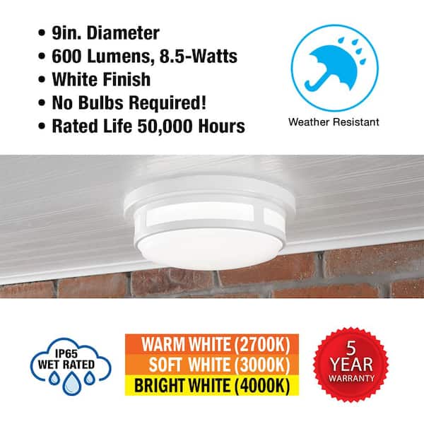 Hampton Bay 9 in. Round White Indoor Outdoor LED Flush Mount Ceiling Light Adjustable CCT 600 Lumens Wet Rated (12-Pack)