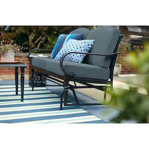 Laurel Oaks Black Steel Outdoor Patio Glider with Sunbrella Denim Blue Cushions