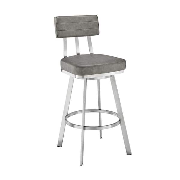 Armen Living Benjamin 30 in. Gray High Back Metal Bar Stool with Faux Leather Seat