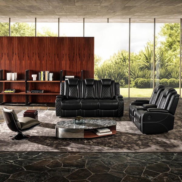 159.5 in. Wide Pillow Top Arm Faux Leather Modular, Speakers, Wireless Charging, LED Lighting, Reclining Sofa in Black