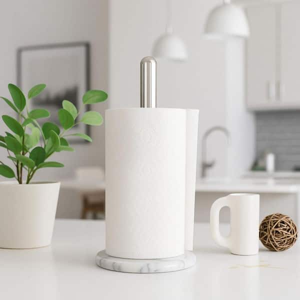 Natural White Marble Base Paper Towel Holder Dispenser with Chrome-Plated Pole for Kitchen Bathroom, 5.5 D x 12.6 in. H