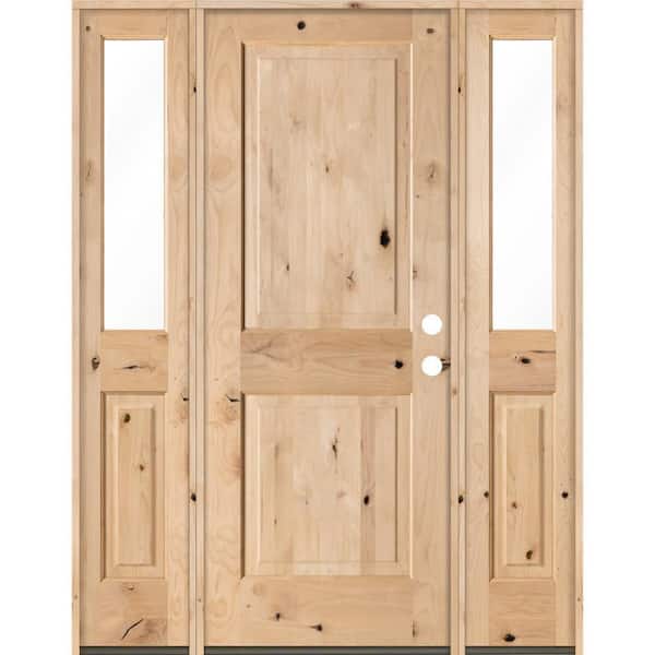 Krosswood Doors 58 in. x 80 in. Rustic Unfinished Knotty Alder Square-Top Wood Left-Hand Half Sidelites Clear Glass Prehung Front Door