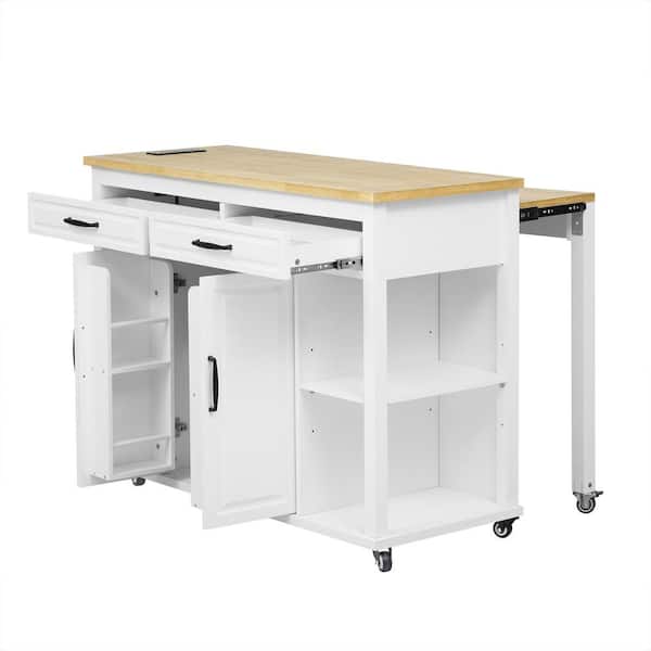 White Rubber Wood 47 in. Kitchen Island with Extendable Dining Table Power Outlet, Drawers 2 Cabinet