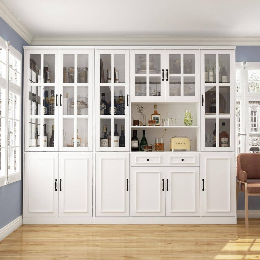 FUFU&GAGA White Wooden Accent Storage Cabinet, Bookcase, Sideboard with  19-Tier Shelves and Tempered Glass Doors and 2 Drawers 