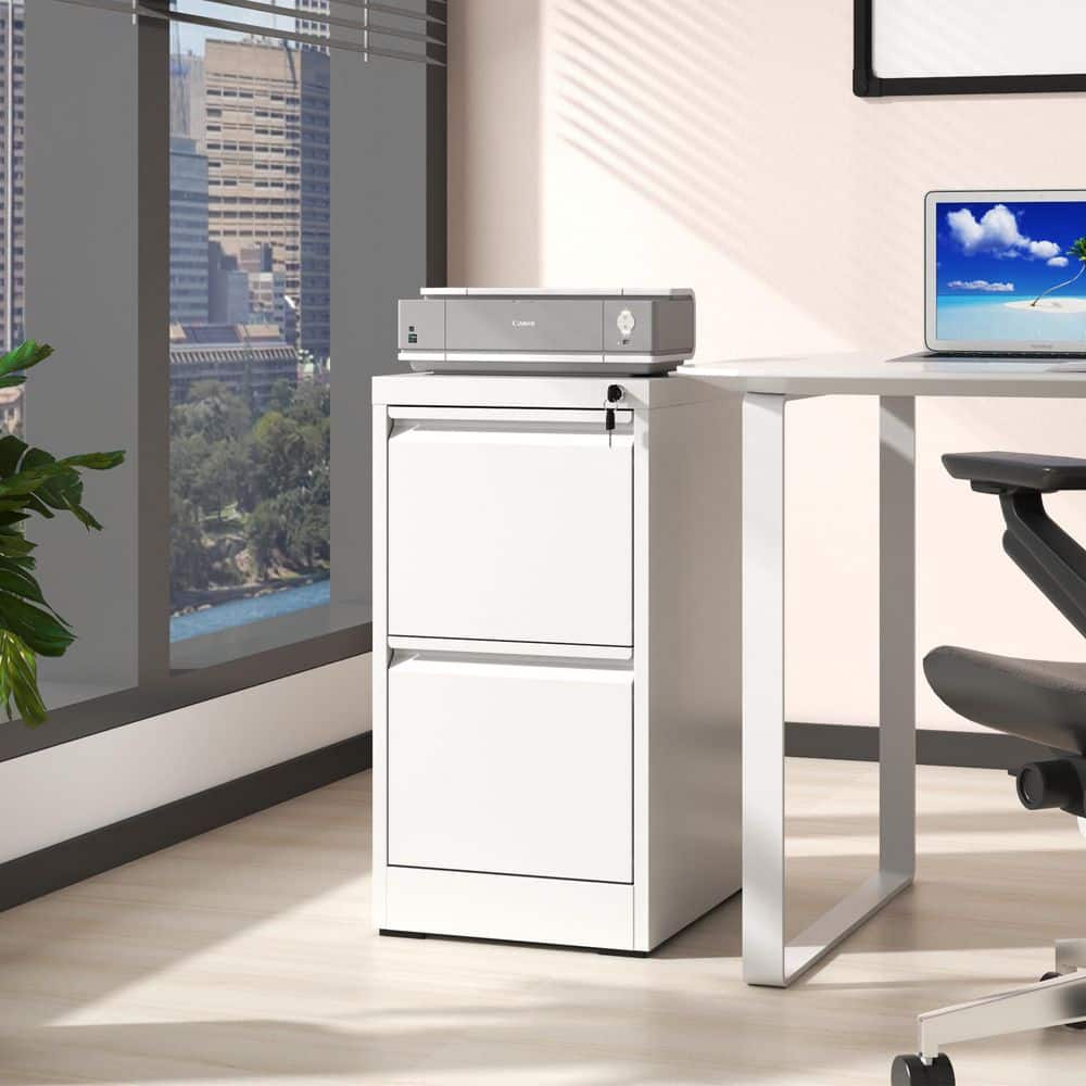 2-Drawer White Metal 14.96 in. W x 28.78 in. H Vertical File Cabinet with Lock Modern Office Home Steel Storage Cabinet