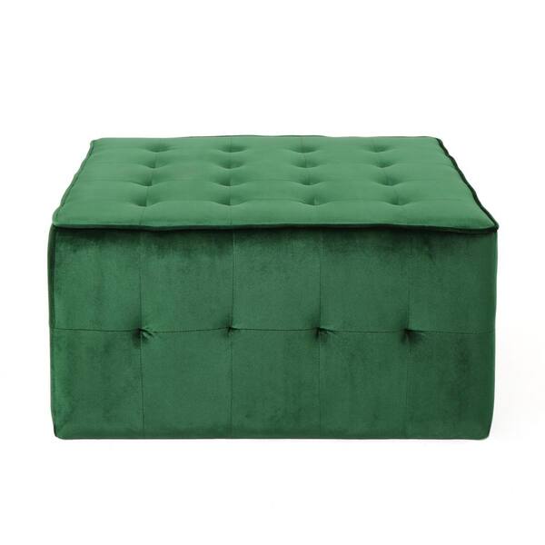 Noble House Judson Glam Square Tufted Emerald Velvet Ottoman