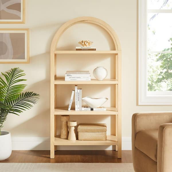 Vexley 60 in. Tall Natural Wood 4-Shelf Arched Open Display Bookcase with Shelves and Storage