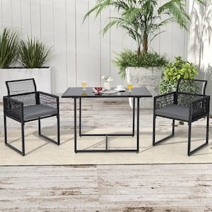 3-Pieces PE Wicker Patio Conversation Set Cushioned Chairs with Folding Backrest Backyard and Grey Cushion