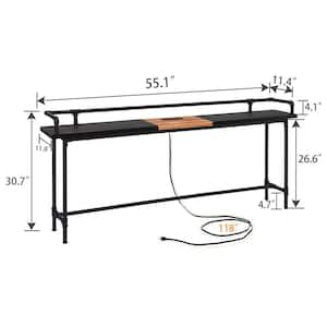 Narrow Long Sofa Table 55.1 in. L Charcoal Gray, 30.7 in. H Rectangle Wooden Console Table Power Outlets and USB Ports