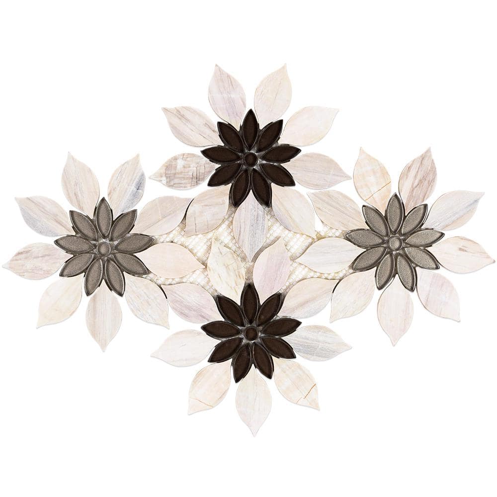 Thistle Ivory and Black Polished Marble Mosaic Tile Sheet