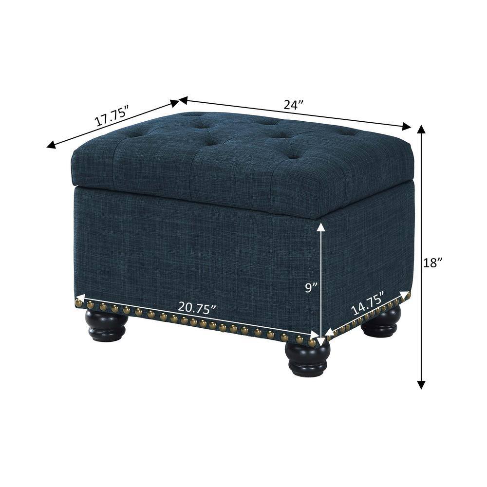 Elegant Dark Blue Tufted Storage Ottoman with Antique Nailhead Trim
