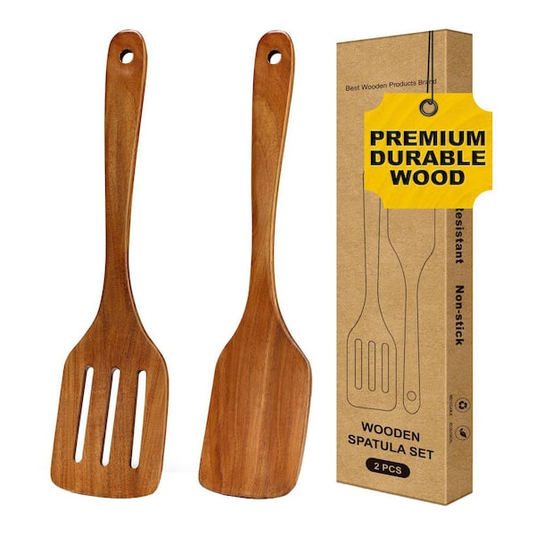 2-Piece Acacia Wood Nonstick Cooking Utensil Set Slotted Turner Flat Spatula Accessory Set for Kitchen Use