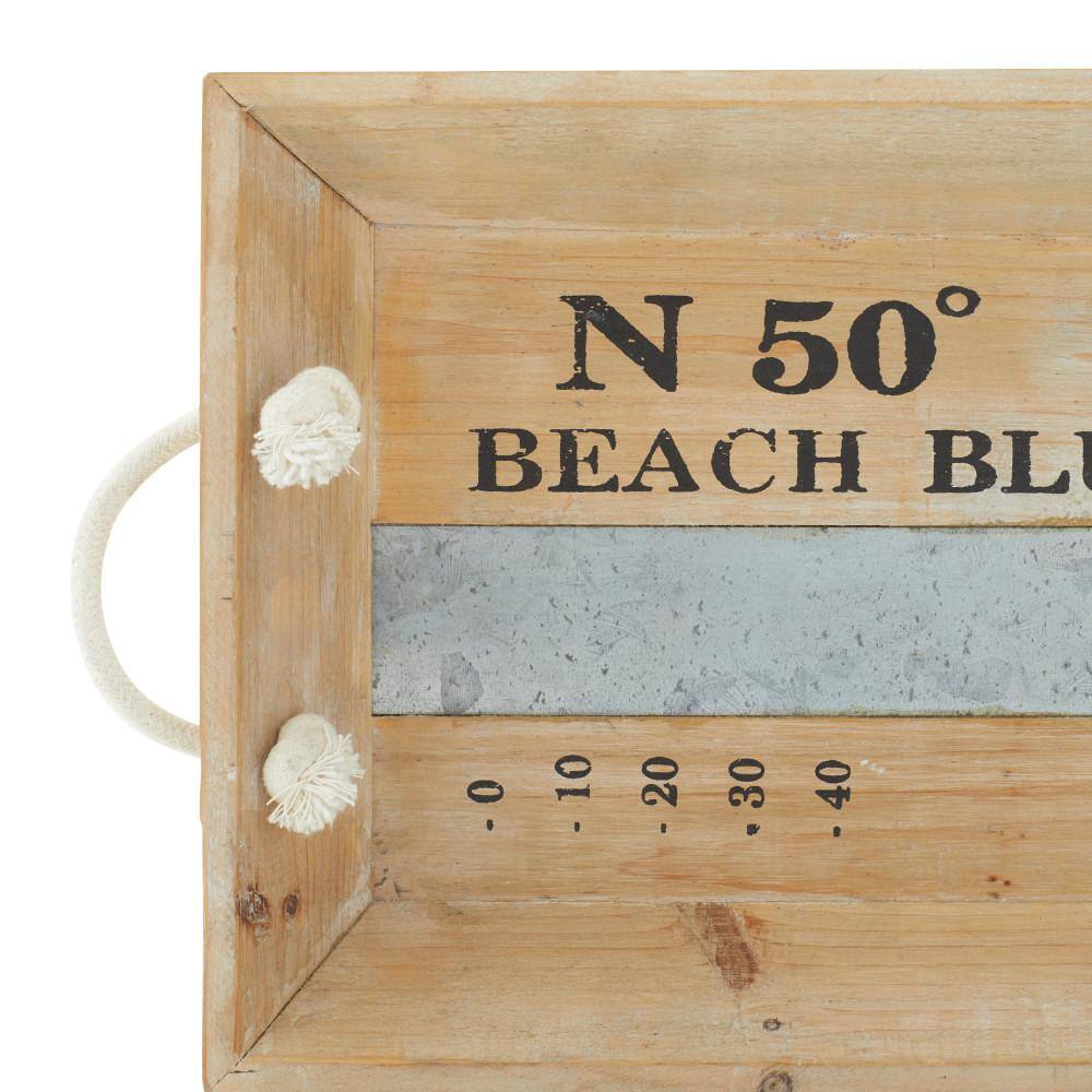Coastal Charm White Wood Rectangular Tray Set with Metal Accents, 19" x 12"