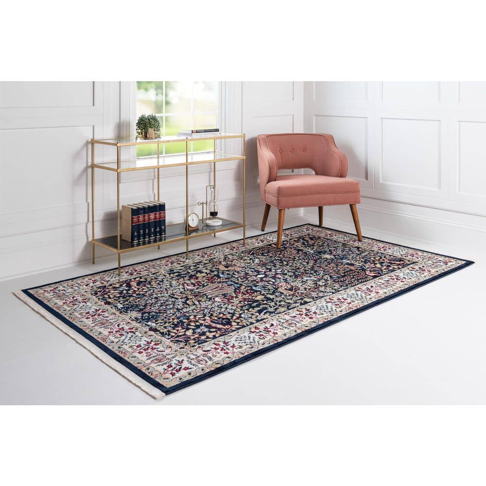 Navy Blue Floral Synthetic 8' x 10' Rectangular Area Rug