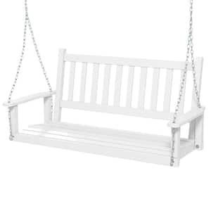 2-Person Wood Outdoor Porch Swing Heavy Duty Patio Hanging Bench Chair White