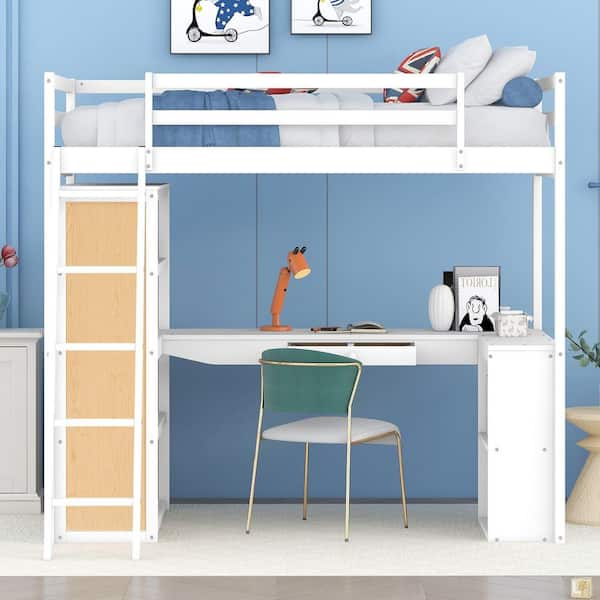 White Twin Size Wood Loft Bed with Ladder, Shelves, and Desk