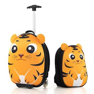 2-PCS Kids Carry On Luggage Set 16 in. Tiger Rolling Suitcase with 12 in. Backpack Travel Yellow