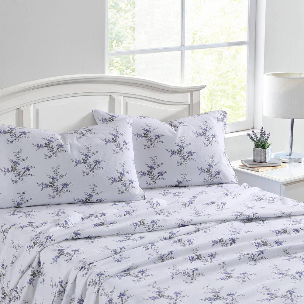 Jessika Purple Floral Cotton Flannel King Sheet Set
