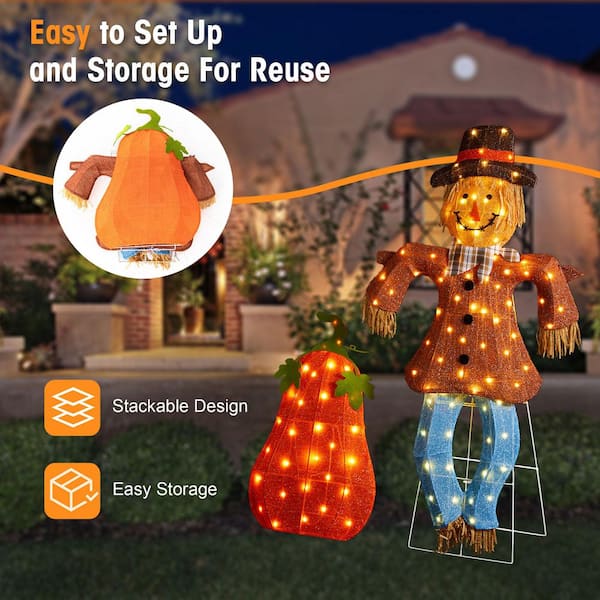 Glitzhome 47.5 in. Lighted Fall 2. 5D Scarecrow and Pumpkin