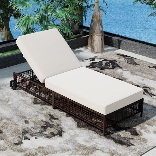 Unbranded Brown Rattan Wicker Outdoor Patio Chaise Lounge Chair with Beige Cushion, Adjustable Backrest and Wheels, for Poolside