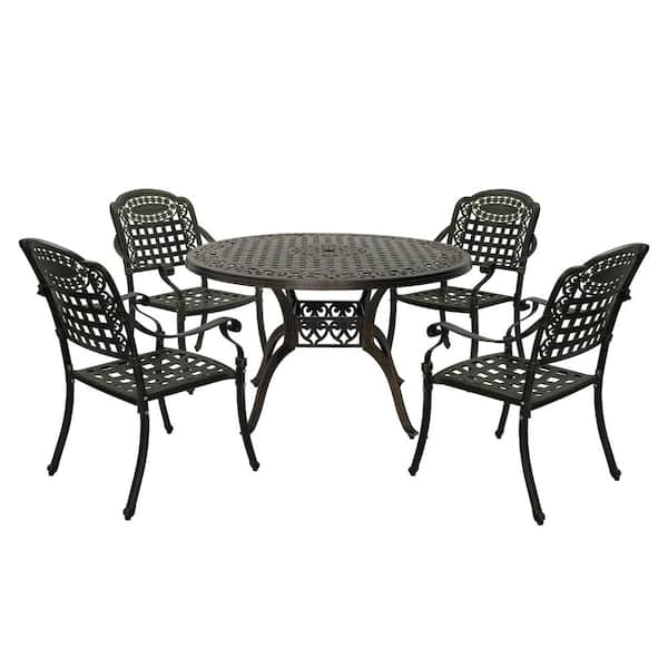 Clihome Bronze 5-Piece Cast Aluminum Patio Dining Set with Carved Pattern